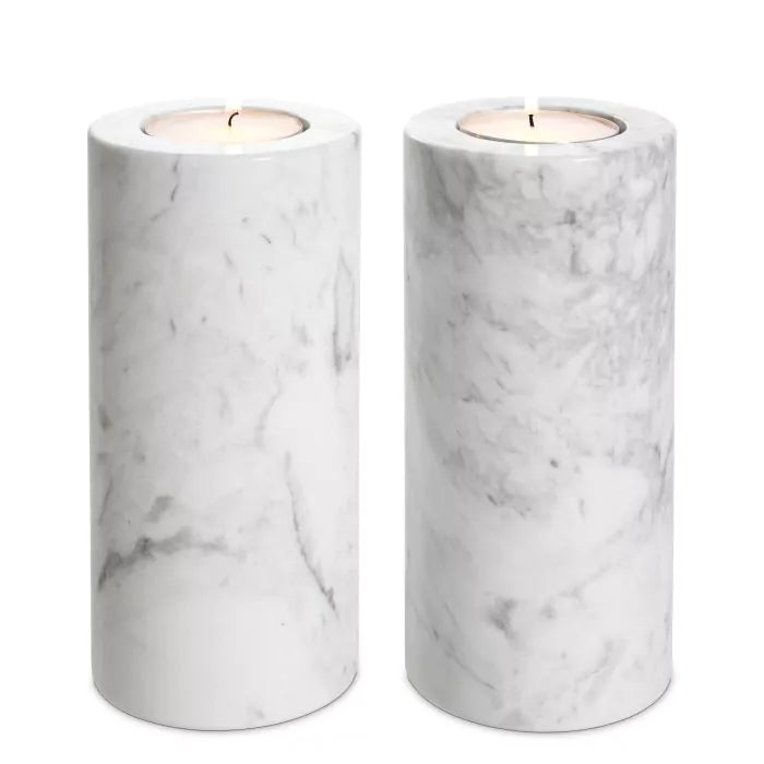 Tealight Holder Tobor L set of 2 - White marble - - Decor - Tipplergoods